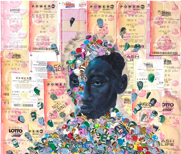 Collage of lottery tickets superimposed over a portrait of a black man