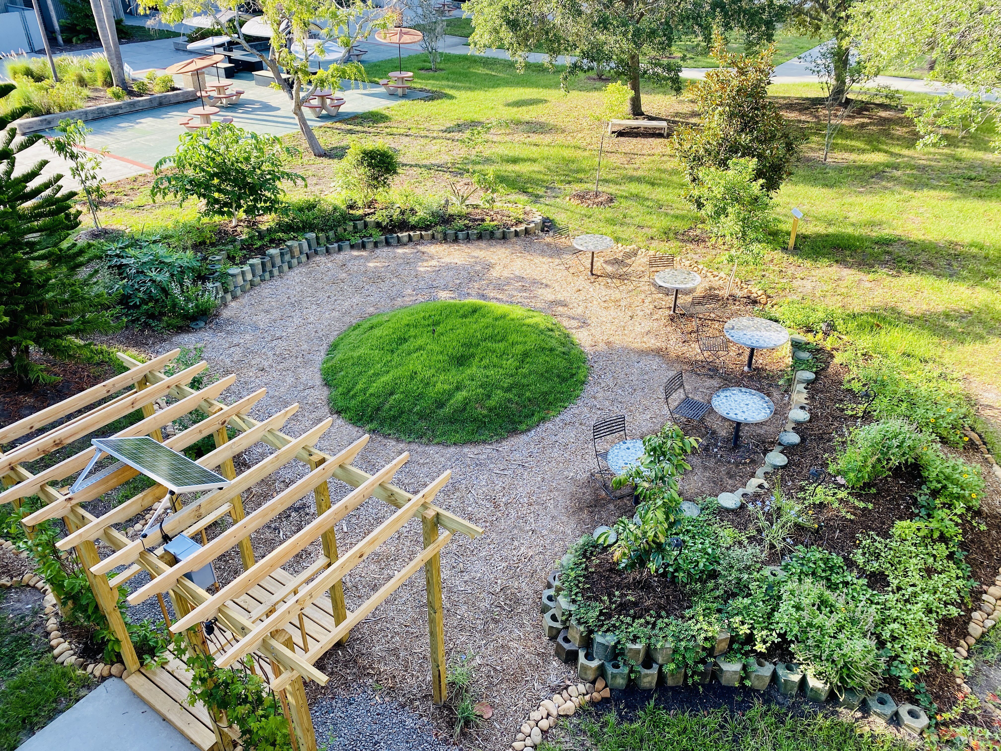 garden with wooden overhang