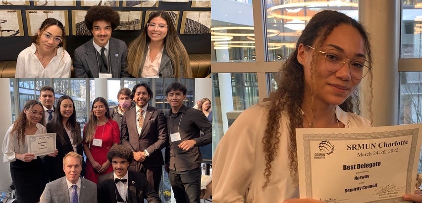 Two picture of groups of students and 1 picture of student holding "Best Delegate" certificate