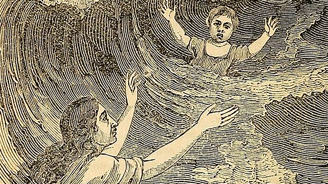 An illustration of a person reaching towards a child in rough ocean waves.
