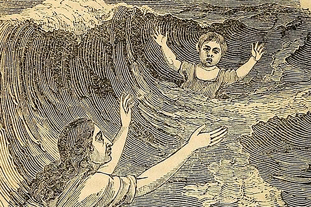 Illustration of a woman and child in turbulent ocean waves.