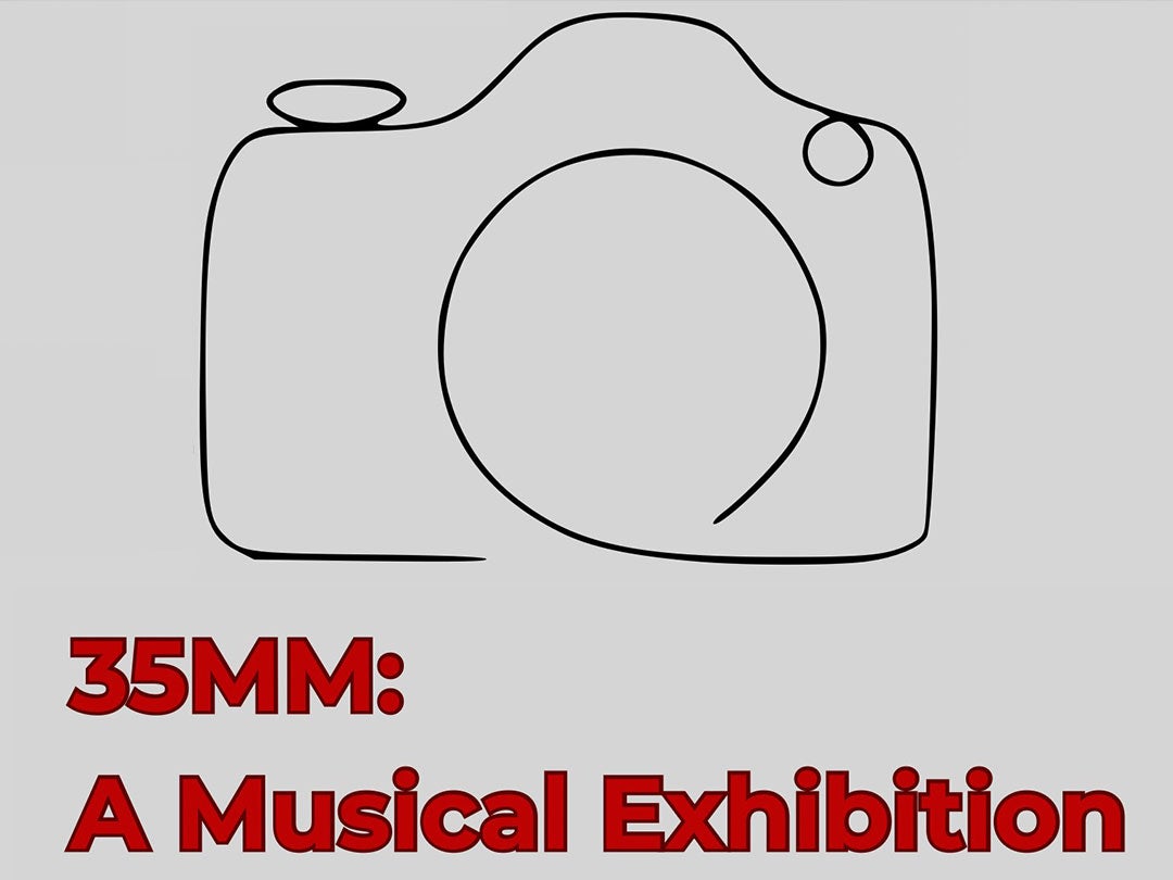 Outline of a camera with text '35MM: A Musical Exhibition' below.