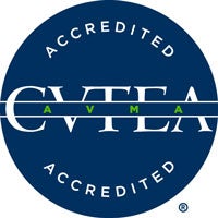 Circular CVTEA accredited logo with dark blue background.