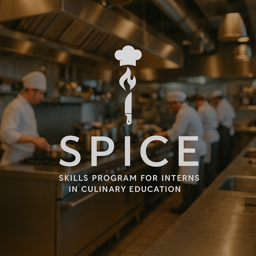 Chefs working in an industrial kitchen with a SPICE program logo overlay.