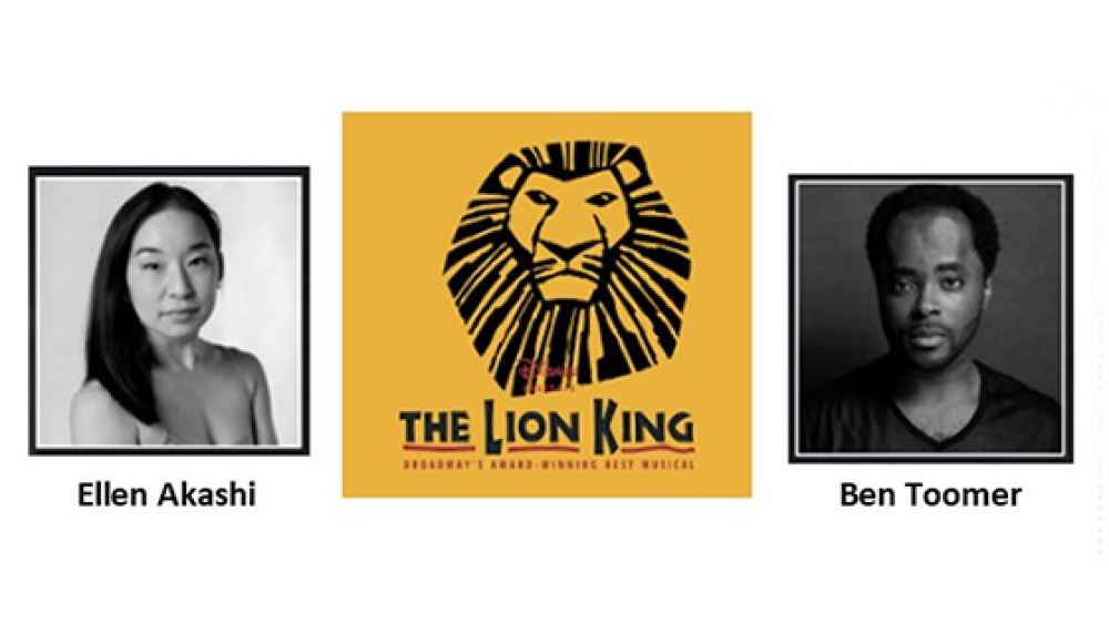 Black-and-white portraits of a woman and a man flank "The Lion King" logo in color.