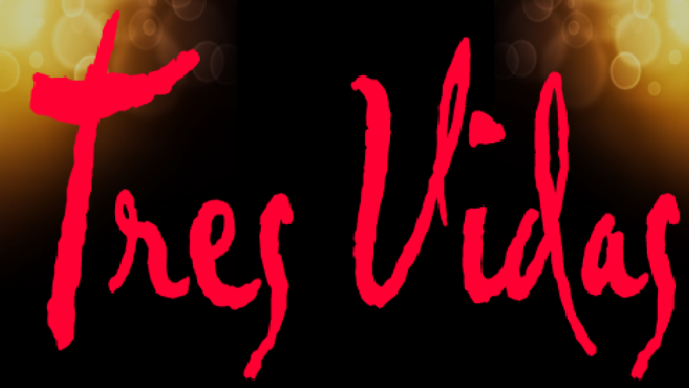 Red handwritten text "Tres Vidas" on a dark background with golden bokeh lights.