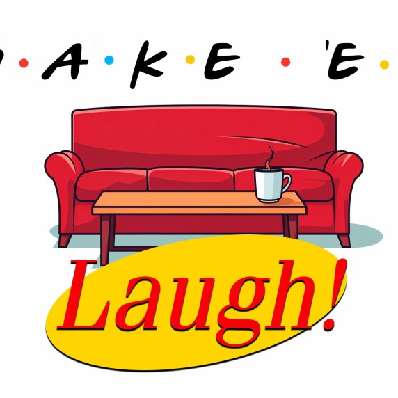 A red sofa with a coffee table and cup of coffee with the words "Make em laugh" written across the image