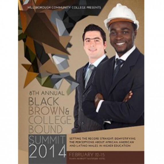 BBCB summit program cover – brown background with fractal graphics swooshing towards two smiling men in suits, one is wearing a hard hat