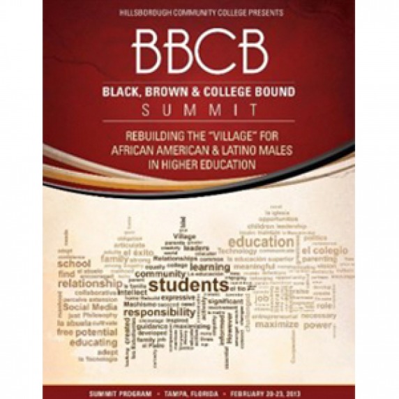BBCB summit program cover – Half red, half beige background with white and yellow text on top, and a word cloud below