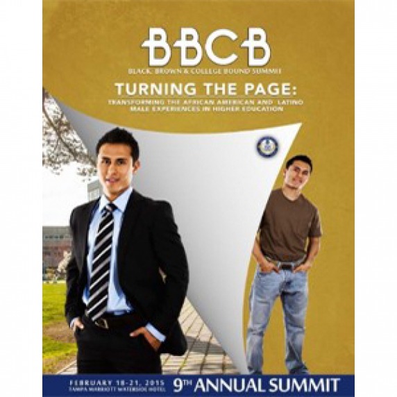 BBCB summit program cover – mustard color background with a graphic to look like a corner page flipped over, young latino male looking casual behind the page, same young man in a suit revealed in front of the page