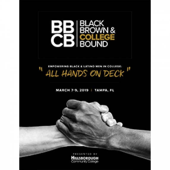 BBCB 2019 program cover - black background with holding hands of minority men in black and white