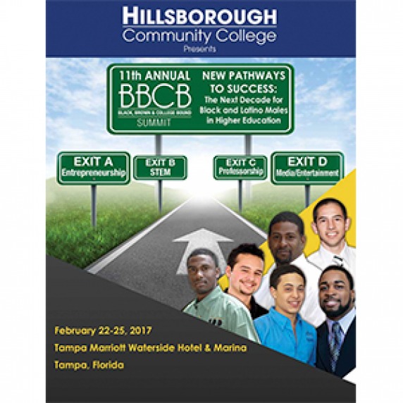BBCB summit program cover - background of a highway with road signs with different message related to the summit's topics; in front are a group of smiling black and latino men