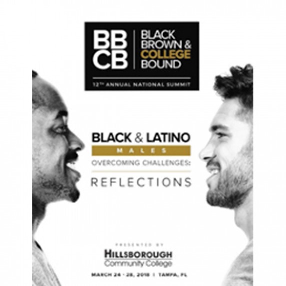 BBCB summit program cover - black and white cover with profiles of a smiling black man looking towards a smiling latino man