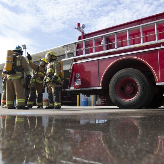 A group of fire science students pointing of into the distance