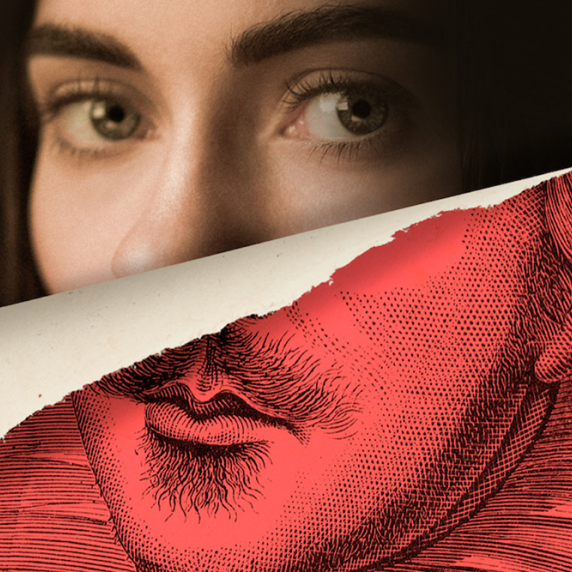 A torn sheet revealing a woman's eyes above and an engraved man's face below.