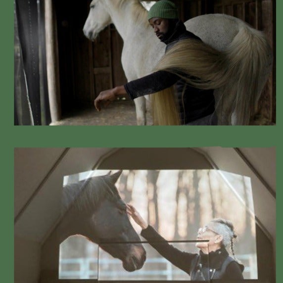 Two picture of people with horses.