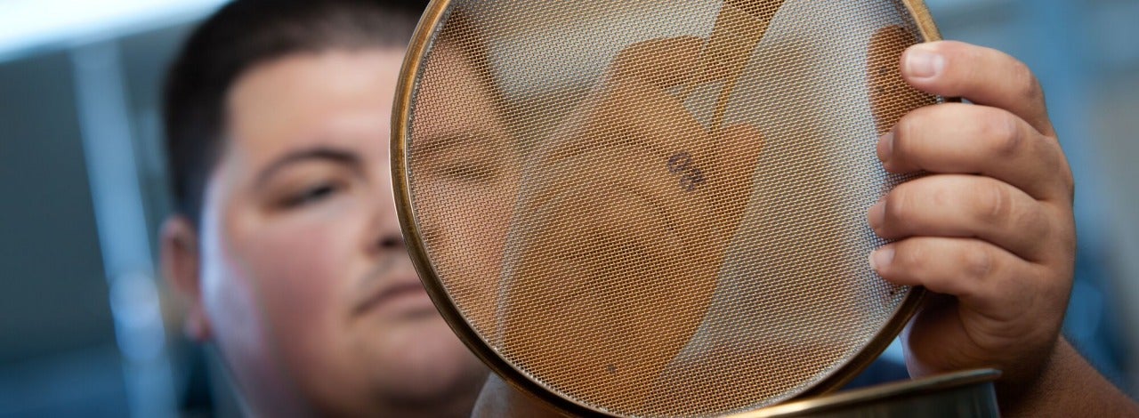 GEology student examining sieve