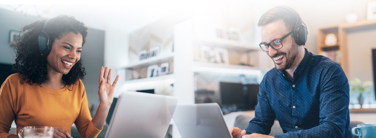 Composite photo of two individuals working remotely.