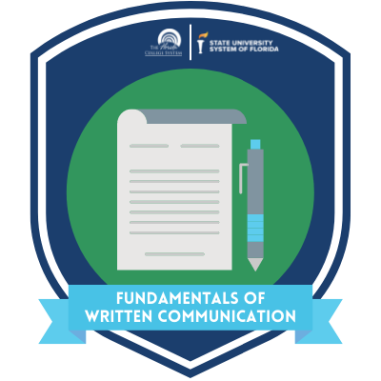 Logo for Fundamentals of Written Communication digital badge, including a representation of a sheet of paper and a pen.